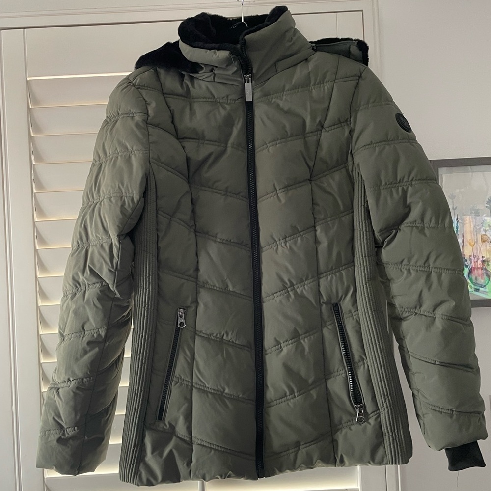 Nautica Women's Olive Puffer Coat with Faux Fur Trim